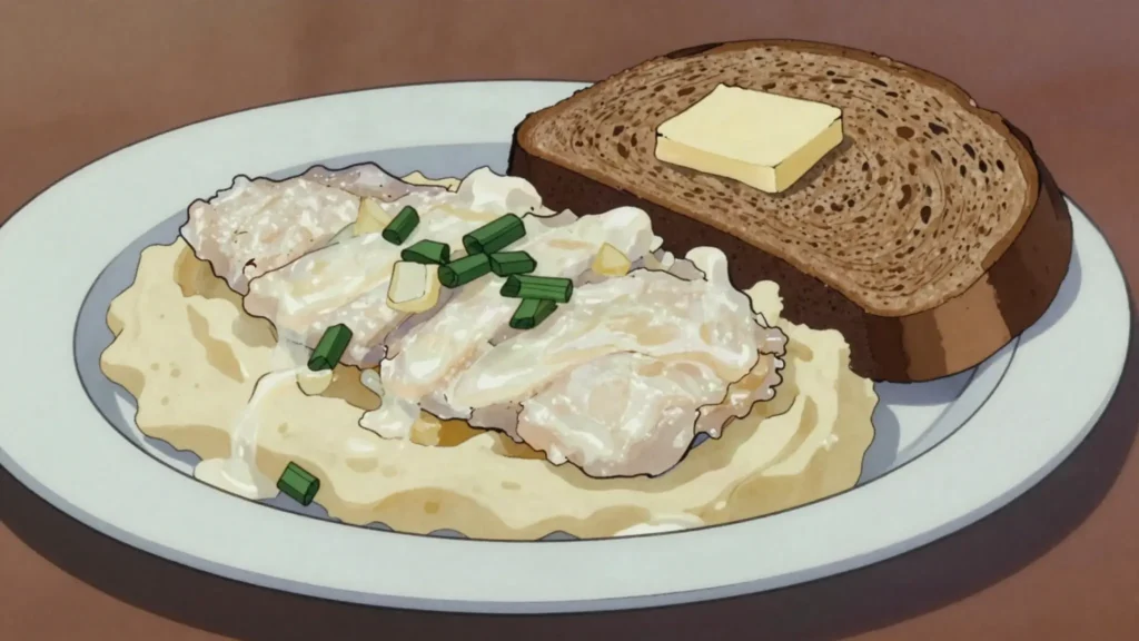 Plokkfiskur, comforting mash of cod, potatoes, onions in white sauce, Iceland main, anime style