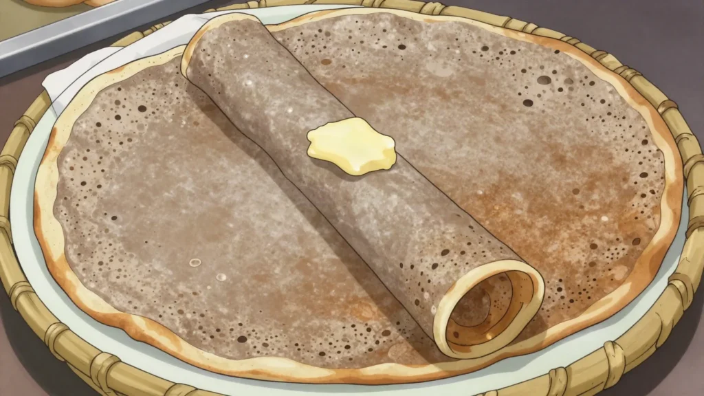 Ployes, thin buckwheat pancakes cooked on one side only, rolled with butter, Canada bread & pastry, anime style