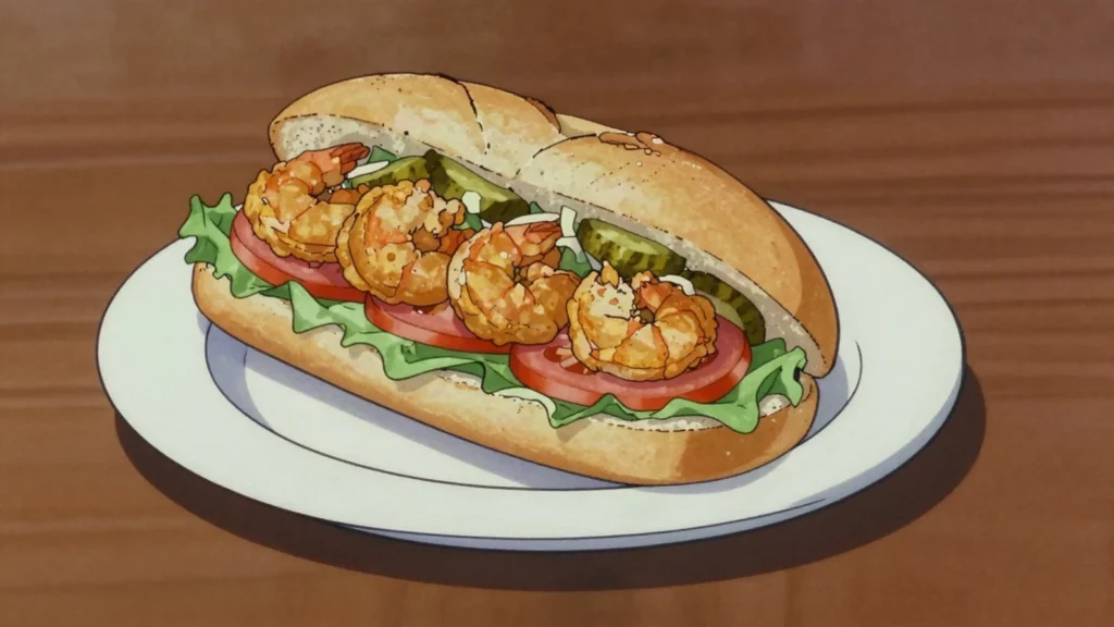 Po' boy, long crusty loaf packed with fried shrimp, oysters or roast beef, dressed, United States street food, anime style