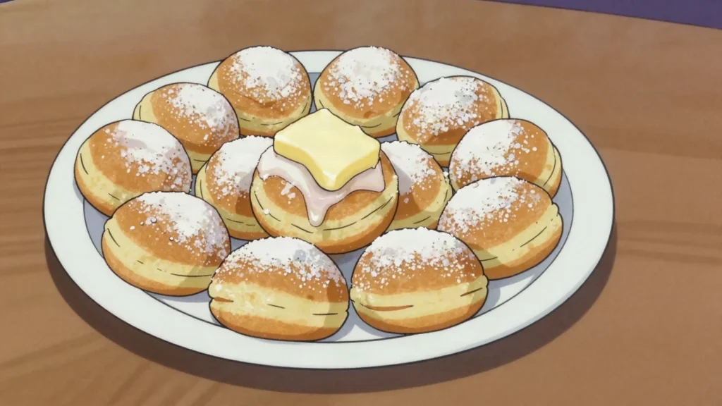 Poffertjes, tiny puffed pancakes with butter and icing sugar, Netherlands dessert, anime style