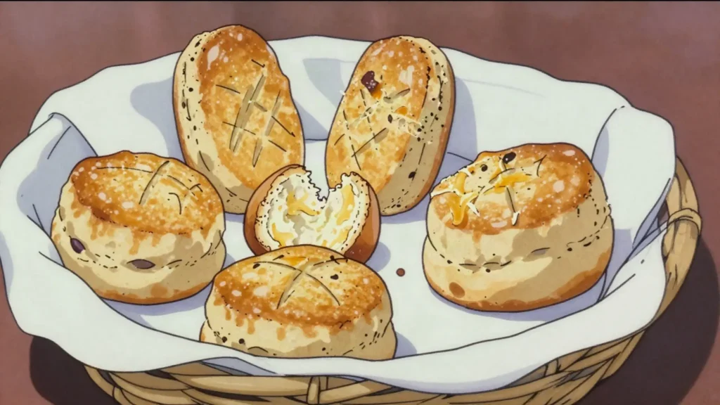 Pogacsa, small savoury scones with cheese or crackling, scored in a crosshatch, Hungary bread & pastry, anime style