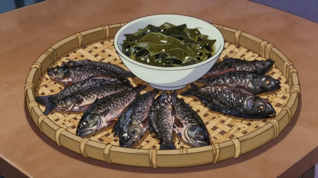 Poisson fumé, ubangi river fish split and smoked black, crumbled, Central African Republic charcuterie & cured, anime style