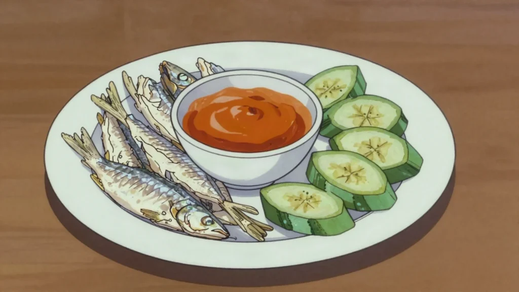 Poisson salé, salted dried fish soaked and simmered into sauces for depth, Gabon charcuterie & cured, anime style