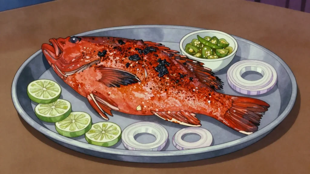 Poisson yéménite, whole fish butterflied, spiced and slapped onto the wall of a clay tandoor, Djibouti main, anime style