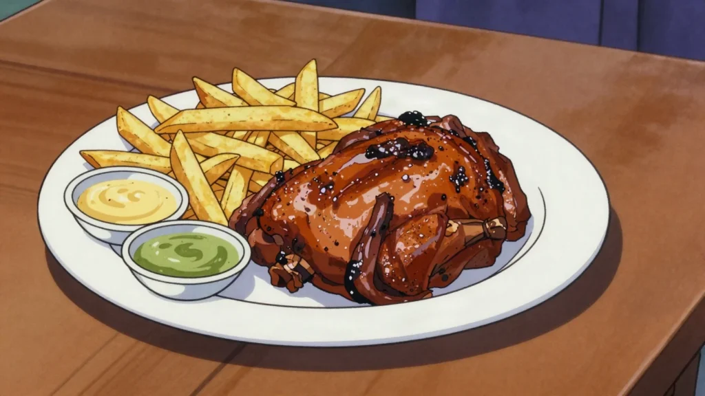 Pollo a la brasa, charcoal rotisserie chicken with fries and ají dipping sauces, Peru main, anime style