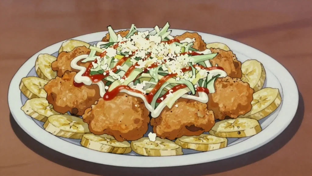 Pollo con tajadas, fried chicken over green plantain slices with slaw and sauces, Honduras street food, anime style
