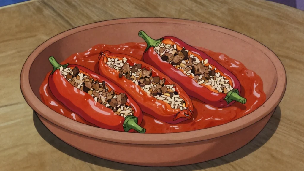 Polneti piperki, peppers stuffed with rice, mince, paprika, North Macedonia main, anime style