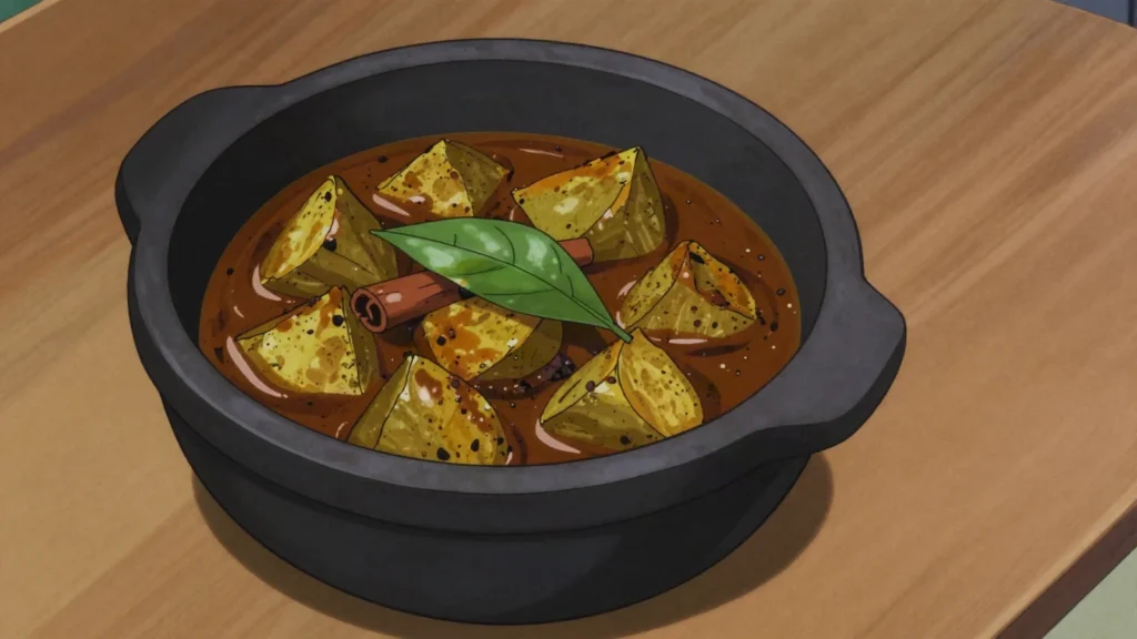 Polos Curry, young green jackfruit simmered dark with roasted spices, Sri Lanka main, anime style