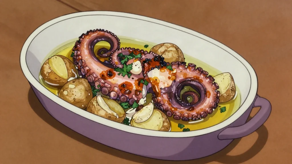 Polvo à lagareiro, roast octopus drenched in olive oil with punched potatoes, Portugal main, anime style