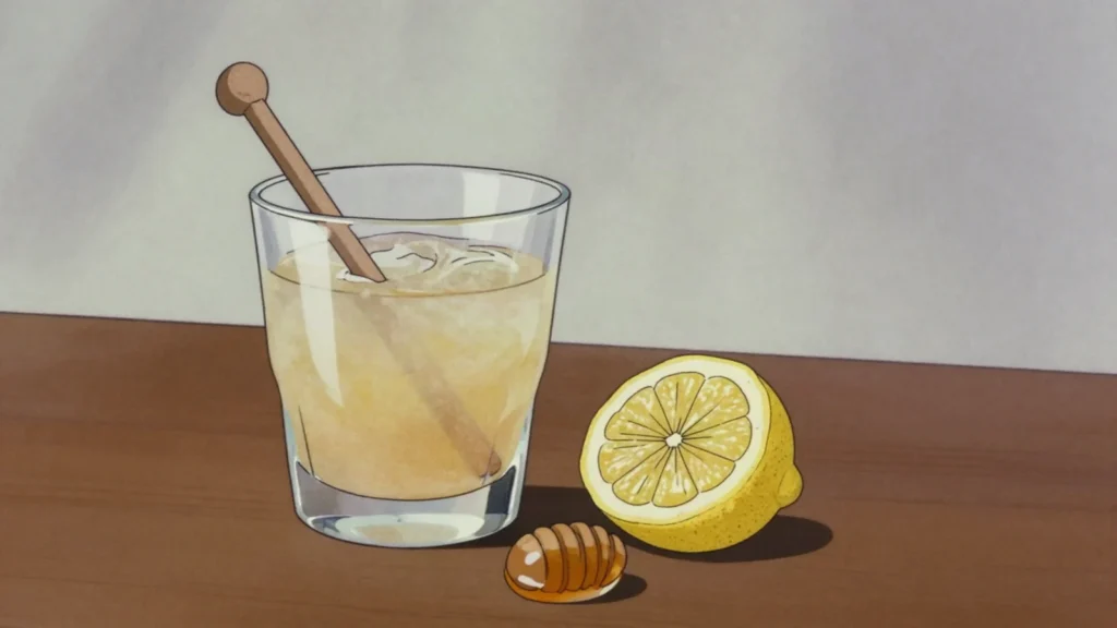 Poncha, madeiran mix of cane spirit, honey and lemon, stirred vigorously, Portugal cocktail, anime style