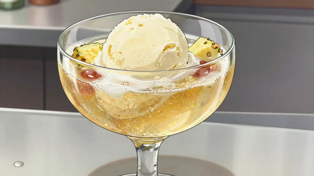 Ponche a la romana, pineapple ice cream floated in sparkling wine, drunk at New Year, Chile cocktail, anime style