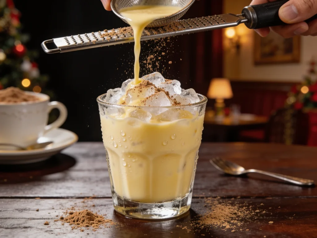Ponche crema, thick eggnog-style liqueur of rum, eggs and milk, poured at Christmas, Venezuela wine & spirit, anime style