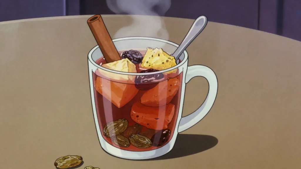 Ponche de frutas, hot Christmas fruit punch with dried fruits, Guatemala drink, anime style