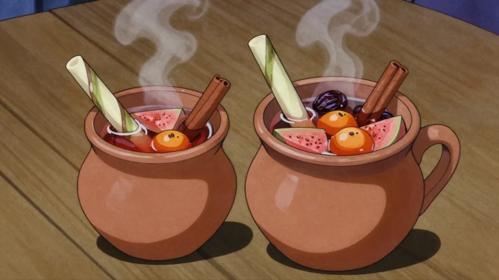 Ponche navideño, hot punch of tejocote, guava, sugarcane, hibiscus and cinnamon, ladled from a pot, Mexico drink, anime style