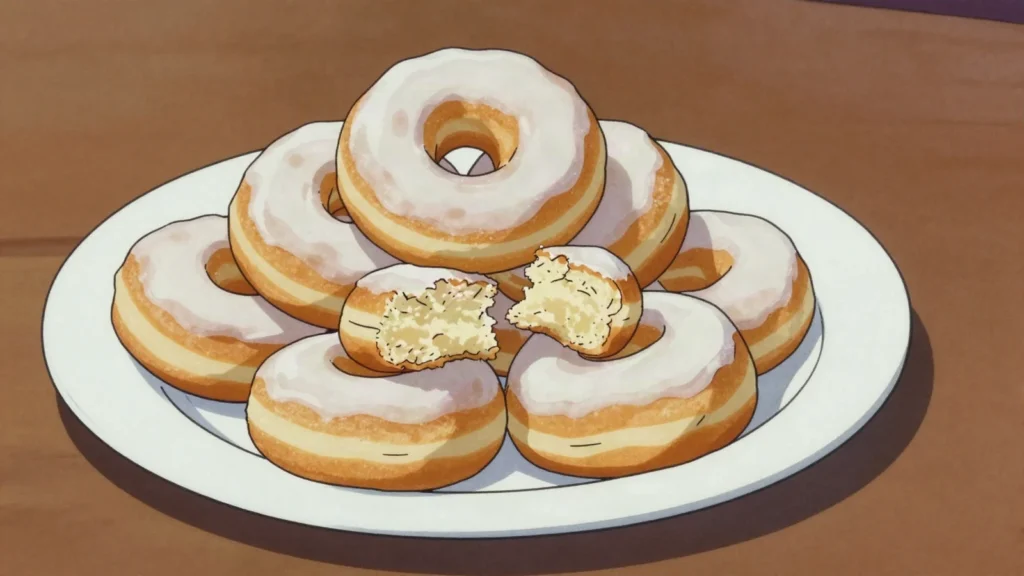 Ponchiki, ring doughnuts fried to order and rolled in icing sugar, Russia street food, anime style