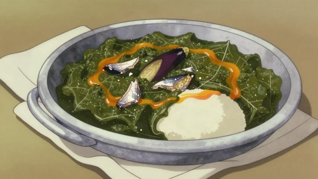 Pondu, cassava-leaf stew with palm oil and fish or meat; ubiquitous, DR Congo soup & stew, anime style