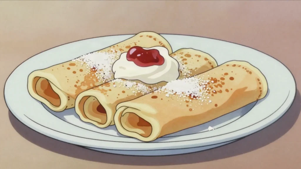 Pönnukökur, thin rolled pancakes with sugar or whipped cream and jam, Iceland dessert, anime style