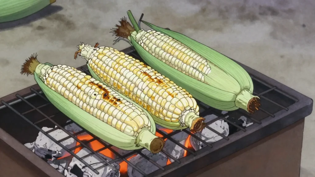 Poone, green maize cobs roasted over coals at the roadside in late summer, Lesotho street food, anime style