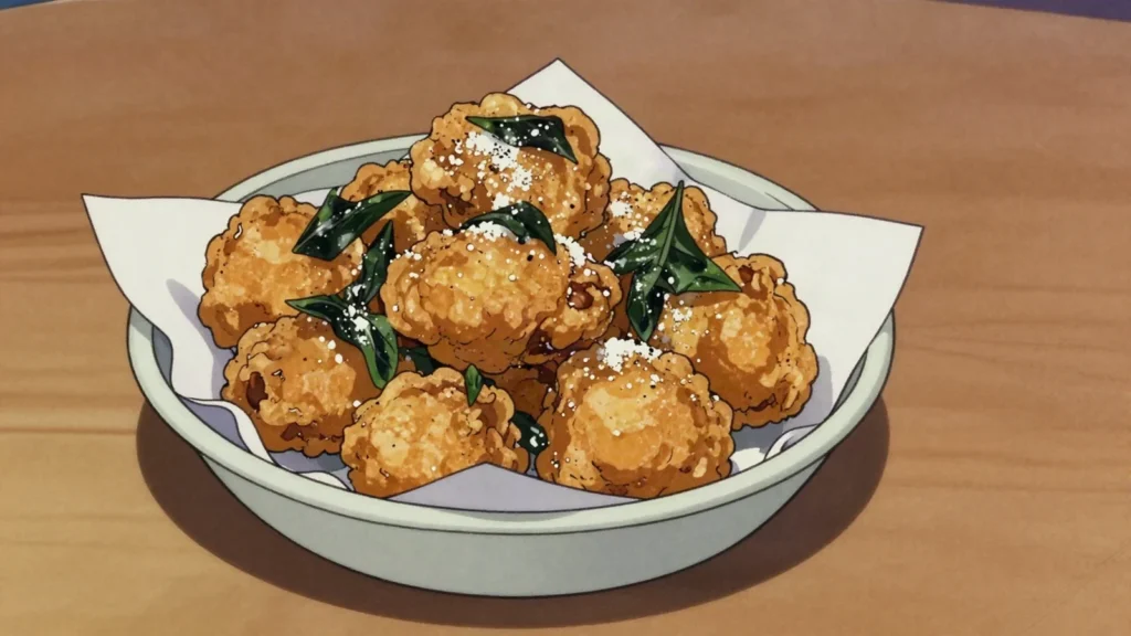 Popcorn Chicken, bite-size fried chicken tossed with fried basil and white pepper, Taiwan street food, anime style