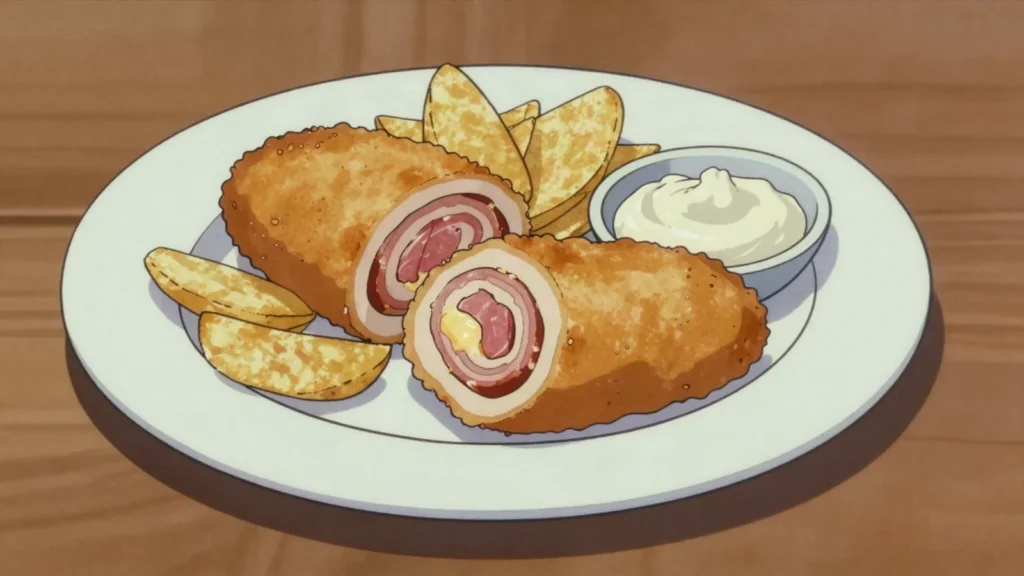 Popeci, veal rolls filled with cheese and pršut, breaded and fried, Montenegro main, anime style