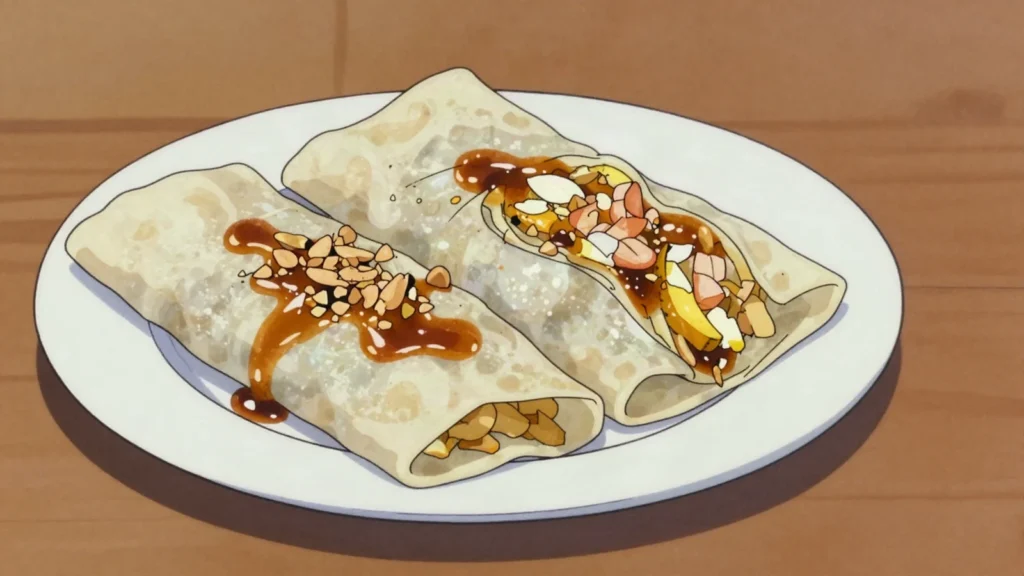 Popiah, soft wheat skin rolled around stewed turnip, egg, peanuts and sweet sauce, Singapore snack, anime style