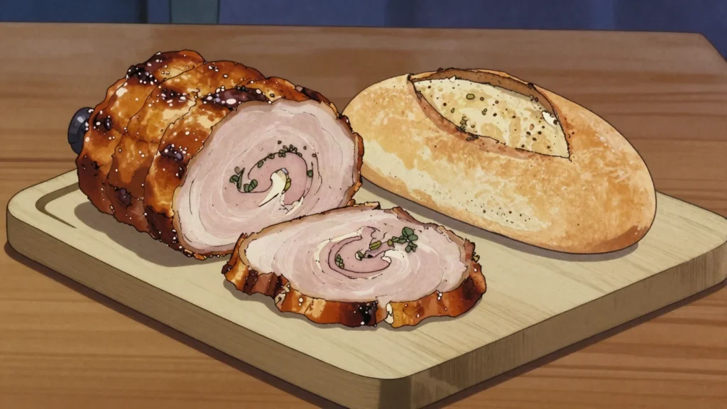 Porchetta di Ariccia, whole boned pig roasted with herbs, sliced into bread, Vatican City charcuterie & cured, anime style