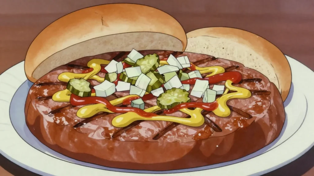 Porilainen, thick slice of grilled sausage in bread with onion and sauces, Finland street food, anime style
