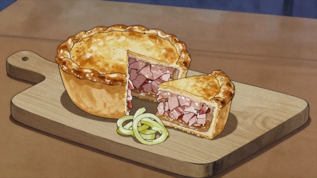 Pork pie, hot-water crust pastry filled with chopped pork and set jelly, eaten cold, United Kingdom snack, anime style