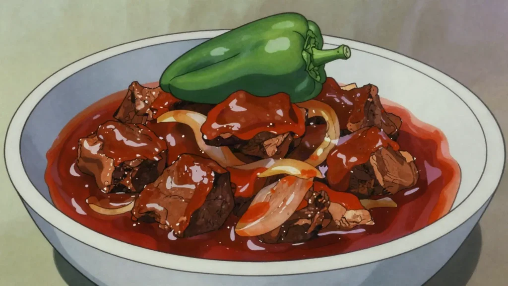 Pörkölt, slow meat stew thick with paprika and onions, Hungary main, anime style