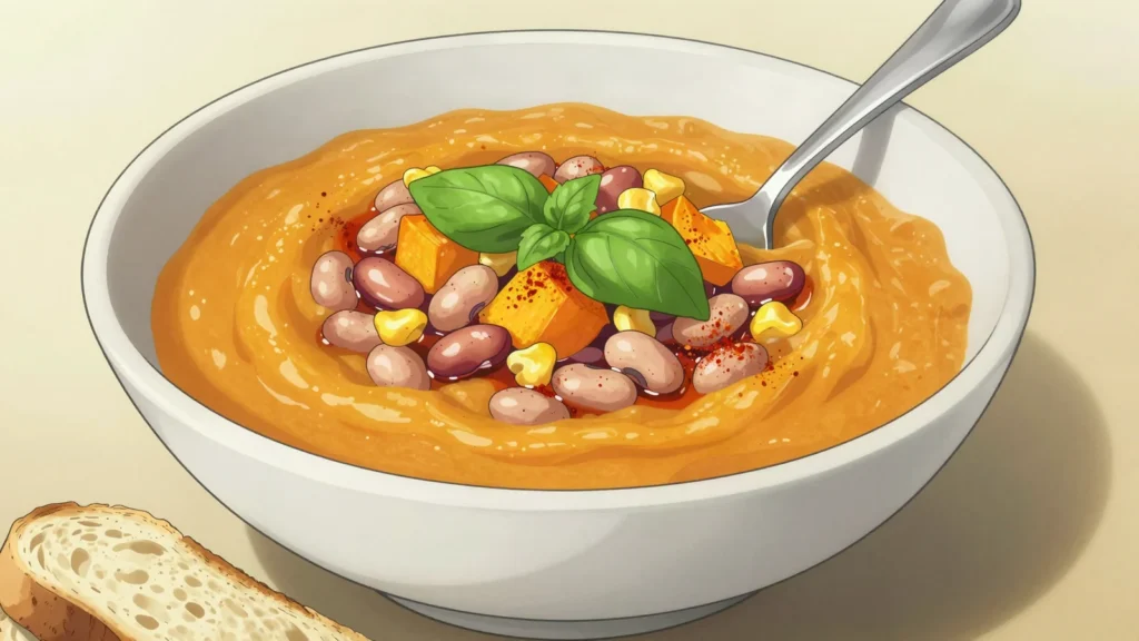 Porotos granados, summer cranberry-bean stew with corn, squash and basil, Chile soup & stew, anime style