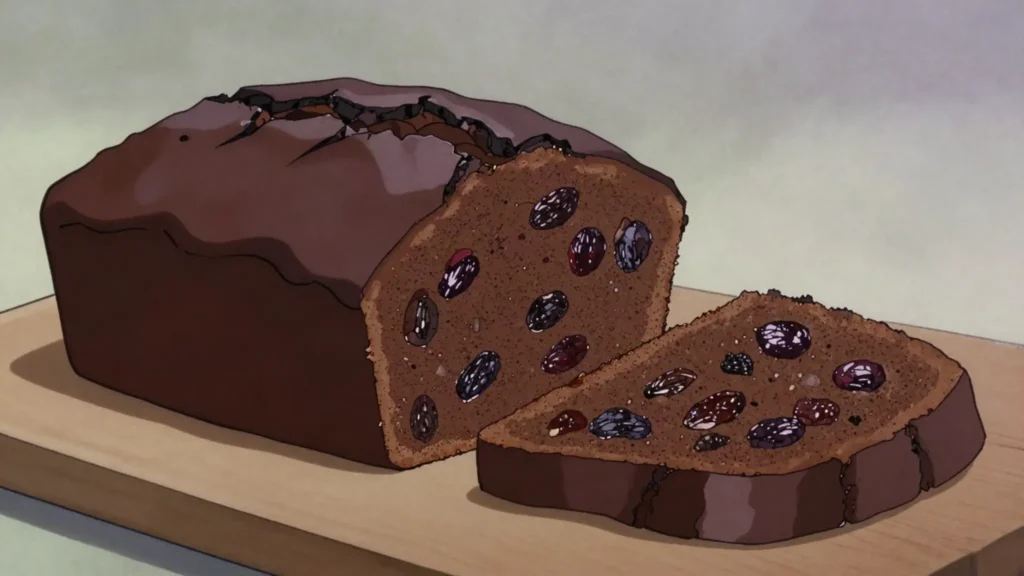 Porter cake, dark fruit cake made with stout, staying moist for weeks, Ireland dessert, anime style