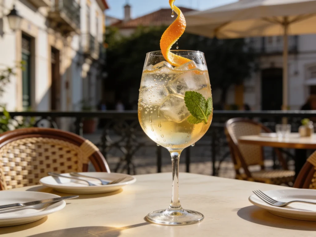 Porto tonico, white port over ice with tonic, mint and orange; Portugal's aperitif highball, Portugal cocktail, anime style