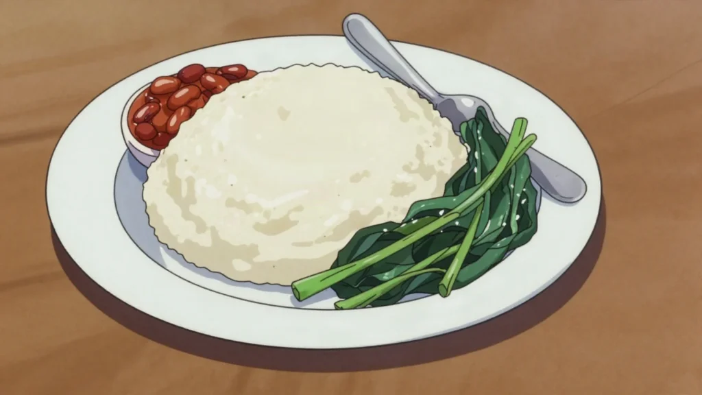 Posho, stiff white maize porridge accompanying beans and stews, Uganda main, anime style