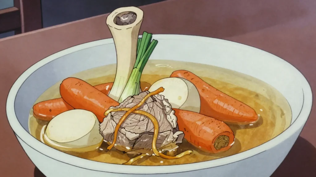 Pot-au-feu, boiled beef and vegetables; the broth served first, France soup & stew, anime style