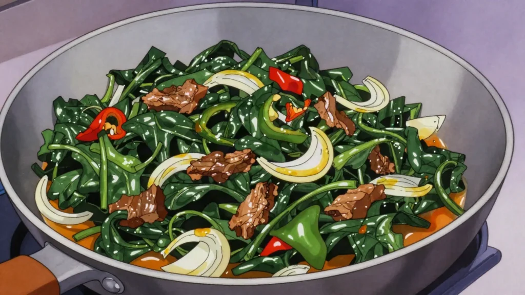 Potato greens, sweet-potato leaves fried with onions, peppers and meat; everyday favourite, Liberia soup & stew, anime style