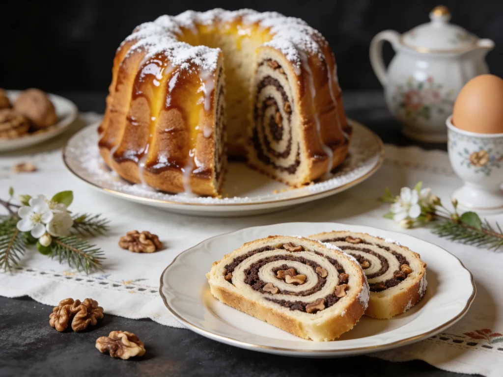 Potica, rolled festive bread with walnut, tarragon or poppy filling, Slovenia bread & pastry, anime style