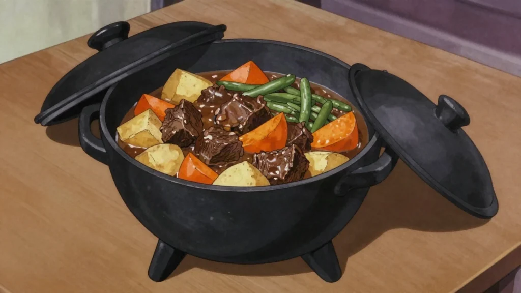Potjiekos, layered meat and vegetable stew slow-cooked in cast-iron pot, Namibia soup & stew, anime style