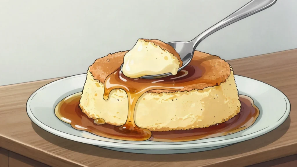 Pouding chômeur, hot cake baked under maple or brown sugar syrup that sinks into pudding, Canada dessert, anime style