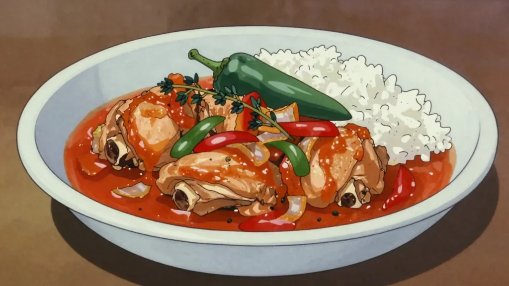 Poul an sos, chicken stewed in tomato-onion creole sauce, Haiti main, anime style
