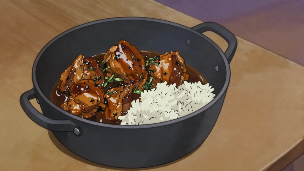 Poule dudon, chicken caramelised in burnt sugar and coconut, dark and sticky, Saint Lucia main, anime style