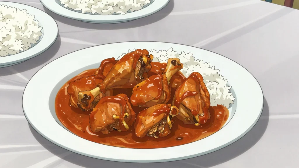 Poulet a la moambe, chicken simmered in thick palm-nut pulp, eaten with cassava, Central African Republic main, anime style