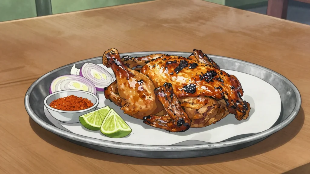 Poulet bicyclette, lean free-range bicycle chicken grilled with onion-mustard marinade, Mali main, anime style