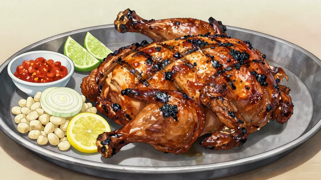 Poulet braisé, charcoal-grilled marinated chicken, maquis classic with attiéké, Côte d'Ivoire main, anime style