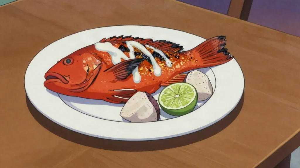 Poulet Fish, prized deep-water snapper, grilled or steamed, named for chicken-tender flesh, Vanuatu main, anime style