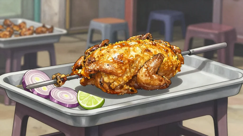 Poulet télévisé, whole chickens turning on spits behind glass-fronted roadside ovens, Burkina Faso street food, anime style