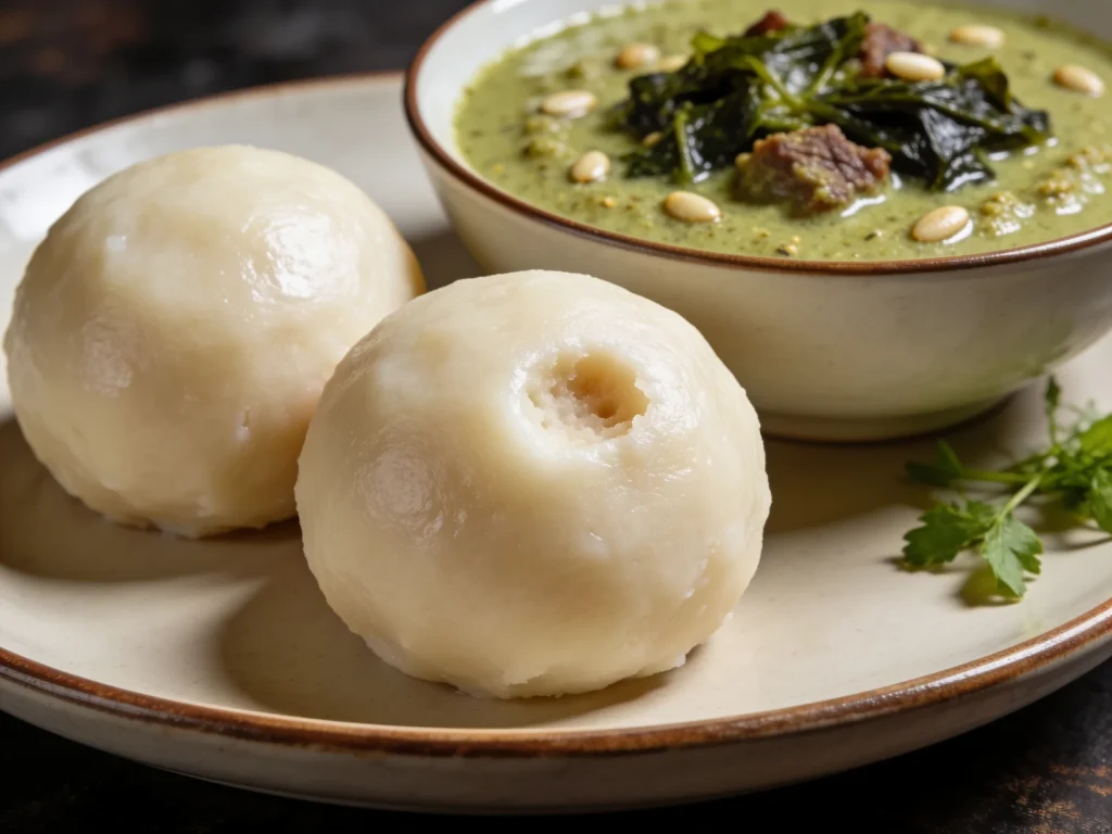 Pounded yam, stretchy pounded yam swallow paired with egusi or vegetable soups, Nigeria main, anime style