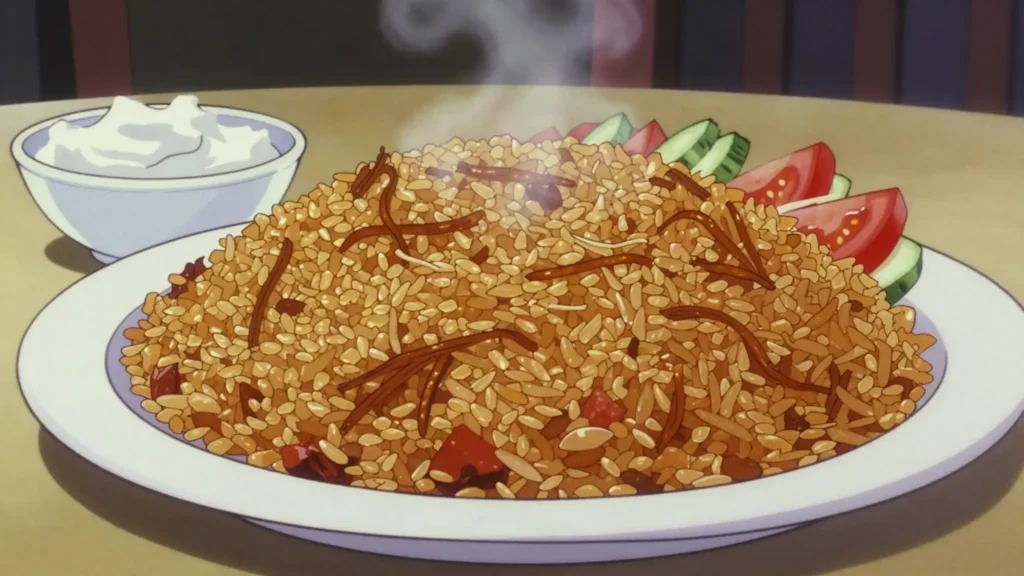 Pourgouri pilafi, bulgur pilaf toasted with vermicelli and tomato, served with yoghurt, Cyprus salad & side, anime style