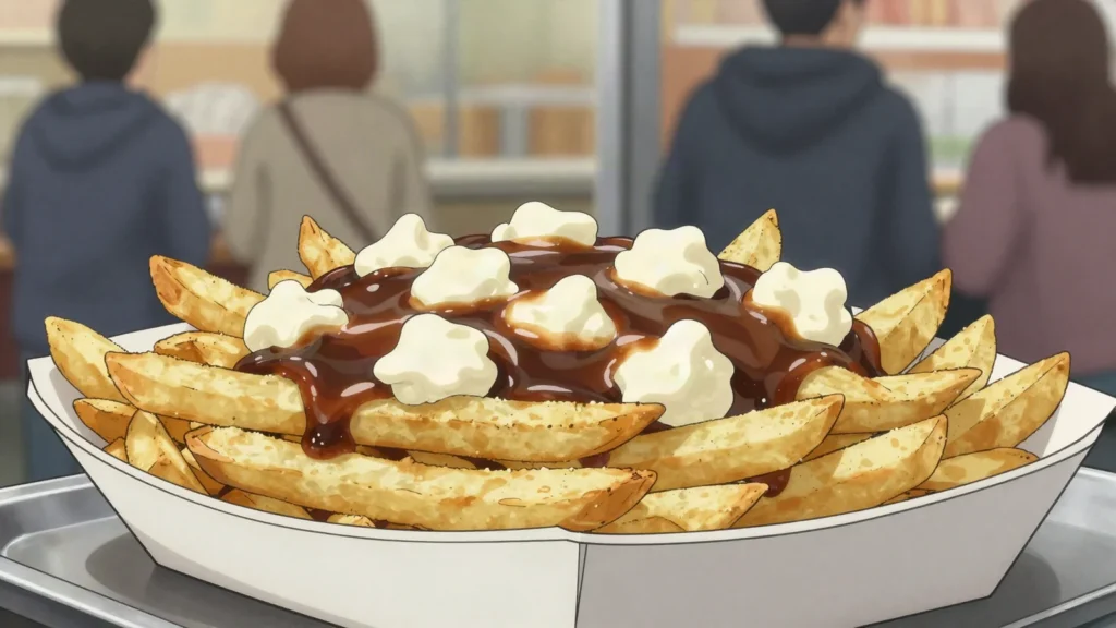 Poutine, fries topped with cheese curds and hot gravy; Quebecois late-night classic, Canada street food, anime style