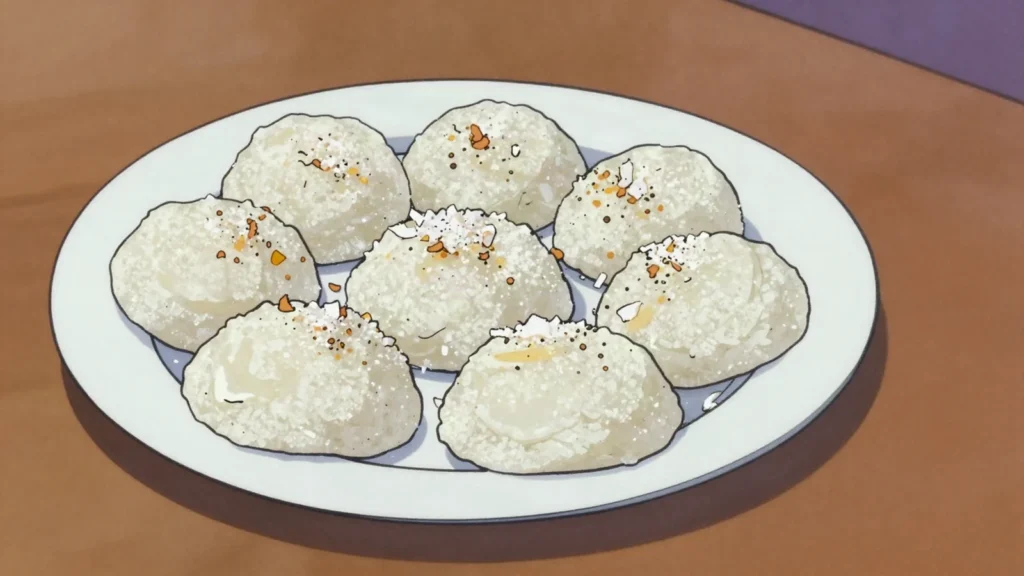 Poutou, steamed rice-flour and coconut cake, faintly sweet, sold in a cone, Mauritius dessert, anime style