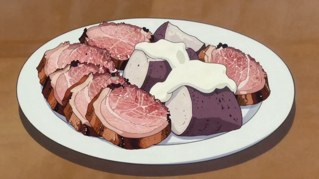 Povi Masima, salt-cured beef brisket simmered and served with taro or rice, Samoa charcuterie & cured, anime style
